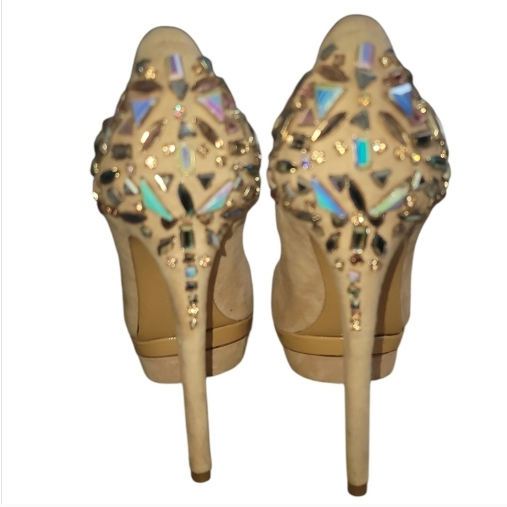 Brian Atwood Nude / Champagne suede Crystal Back Platform Heels stilettos 7 - Picture 6 of 6